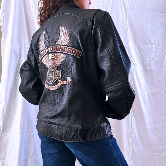 90's Oversized Harley Davidson Motorcycle Leather Bomber Jacket - Picture 3 of 5